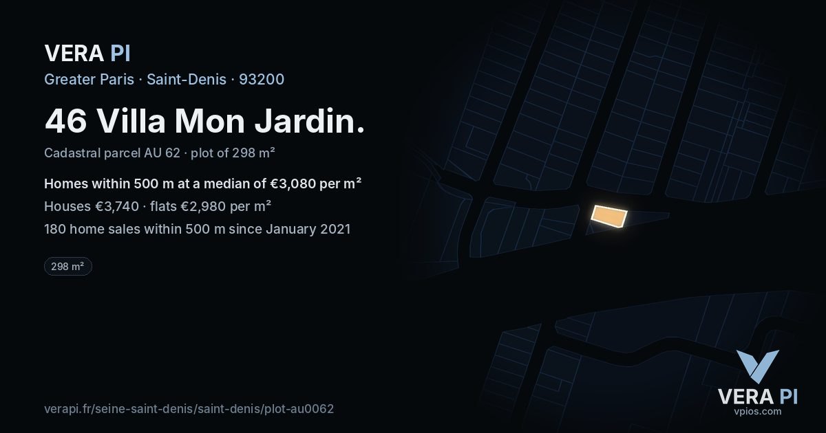 46 Villa Mon Jardin, Saint-Denis at night – the plot lit, the parcels around coloured by the prices near them