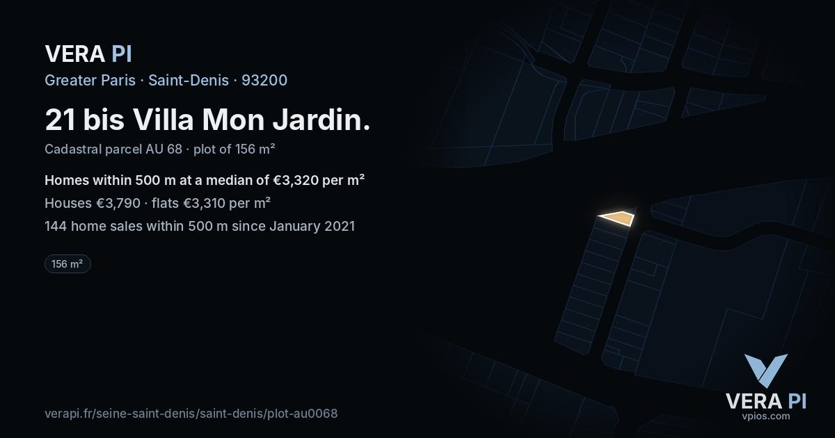 21 bis Villa Mon Jardin, Saint-Denis at night – the plot lit, the parcels around coloured by the prices near them