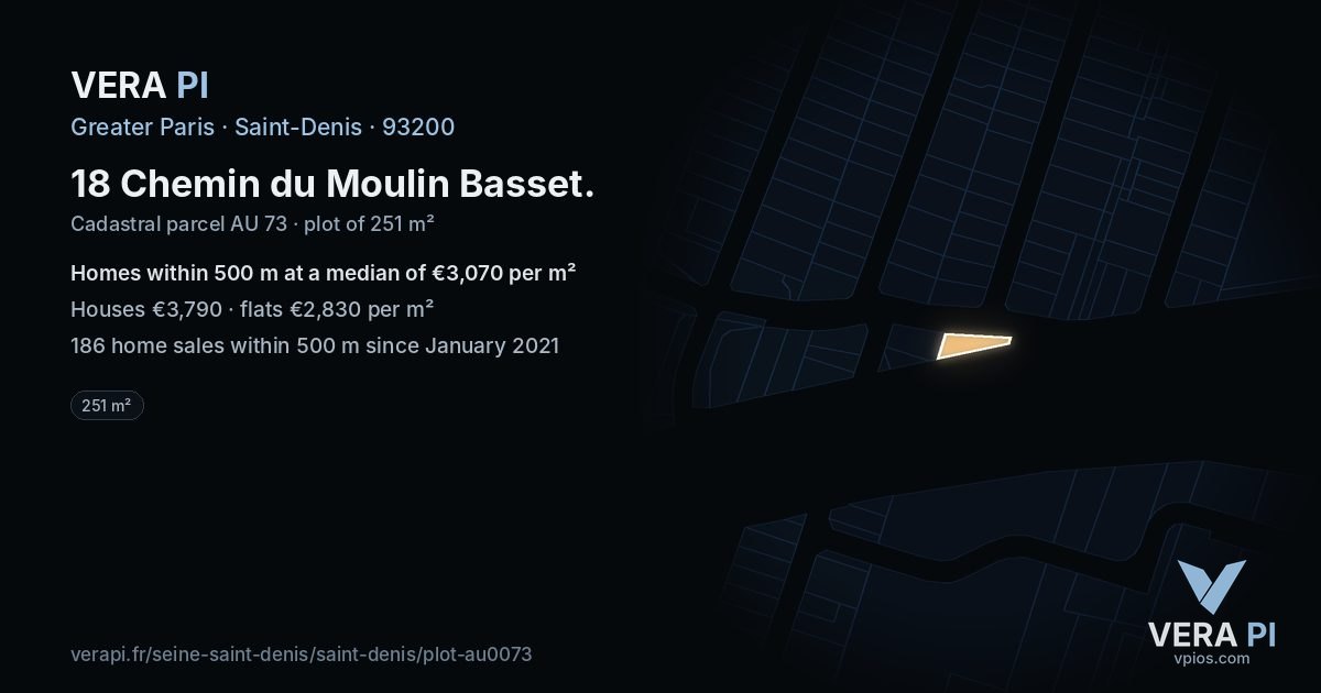 18 Chemin du Moulin Basset, Saint-Denis at night – the plot lit, the parcels around coloured by the prices near them