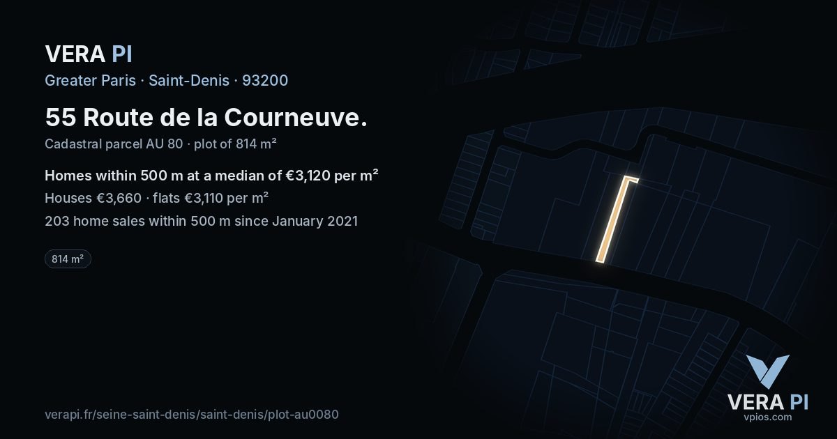 55 Route de la Courneuve, Saint-Denis at night – the plot lit, the parcels around coloured by the prices near them
