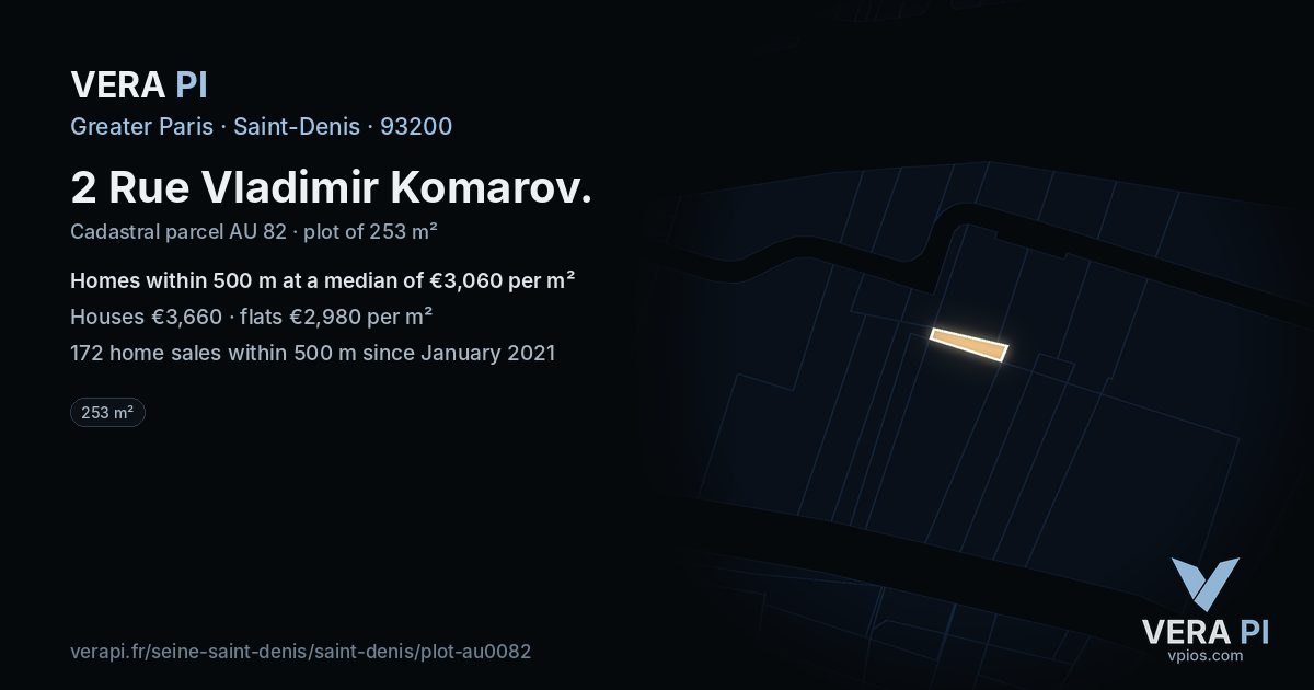 2 Rue Vladimir Komarov, Saint-Denis at night – the plot lit, the parcels around coloured by the prices near them