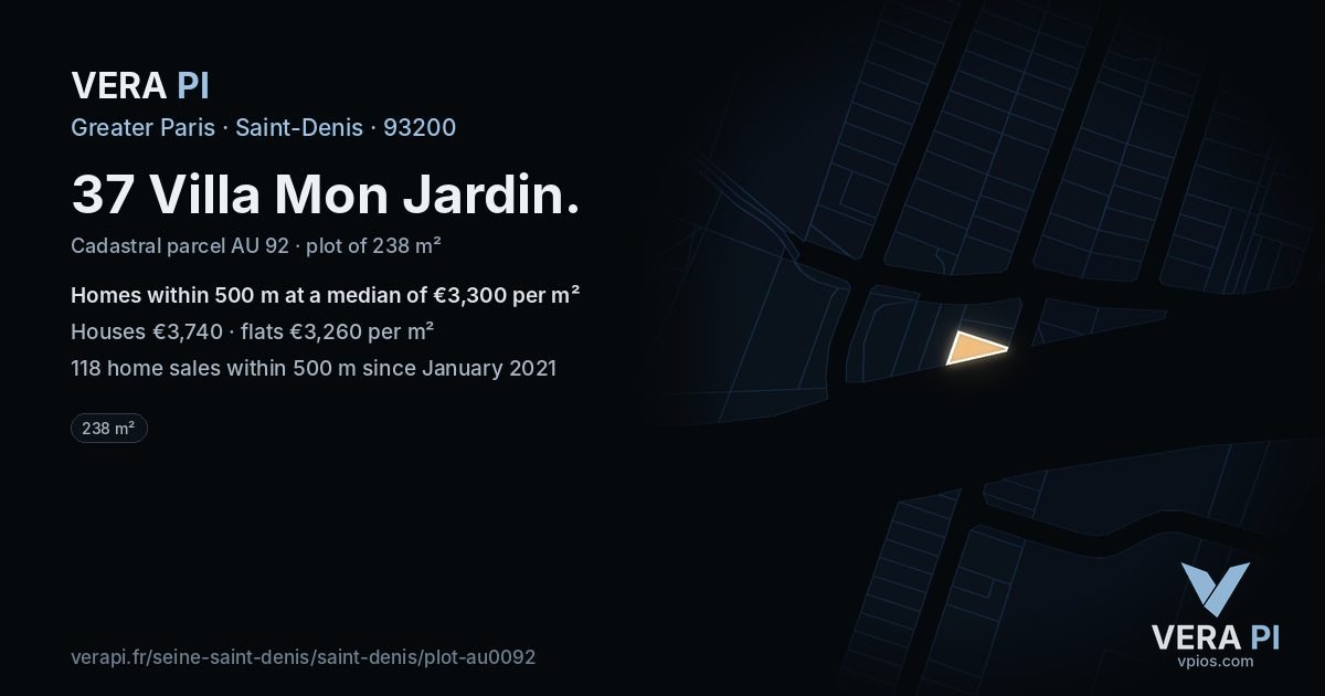 37 Villa Mon Jardin, Saint-Denis at night – the plot lit, the parcels around coloured by the prices near them
