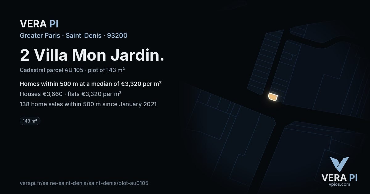 2 Villa Mon Jardin, Saint-Denis at night – the plot lit, the parcels around coloured by the prices near them