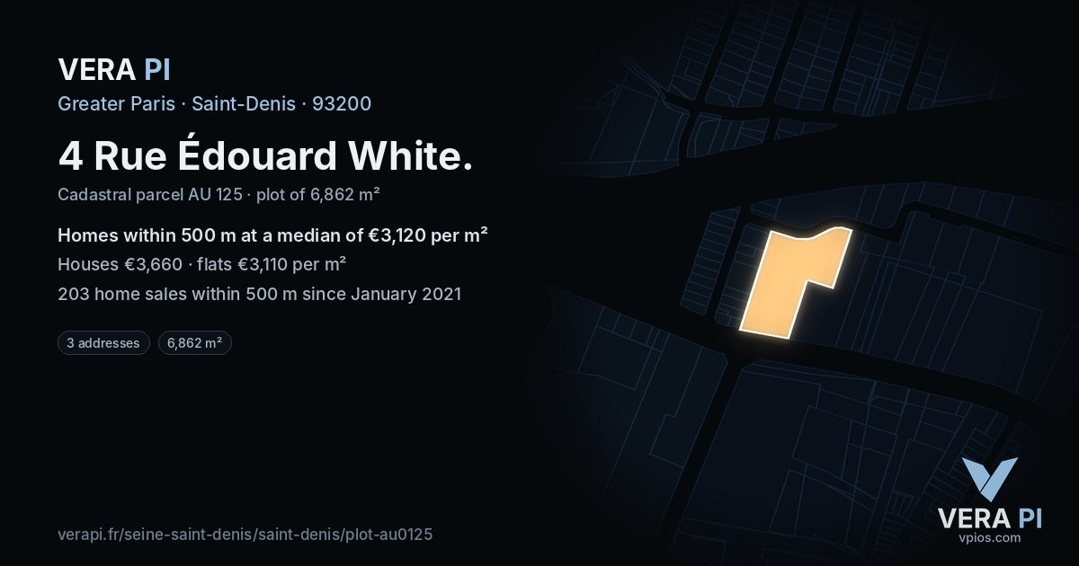 4 Rue Édouard White, Saint-Denis at night – the plot lit, the parcels around coloured by the prices near them