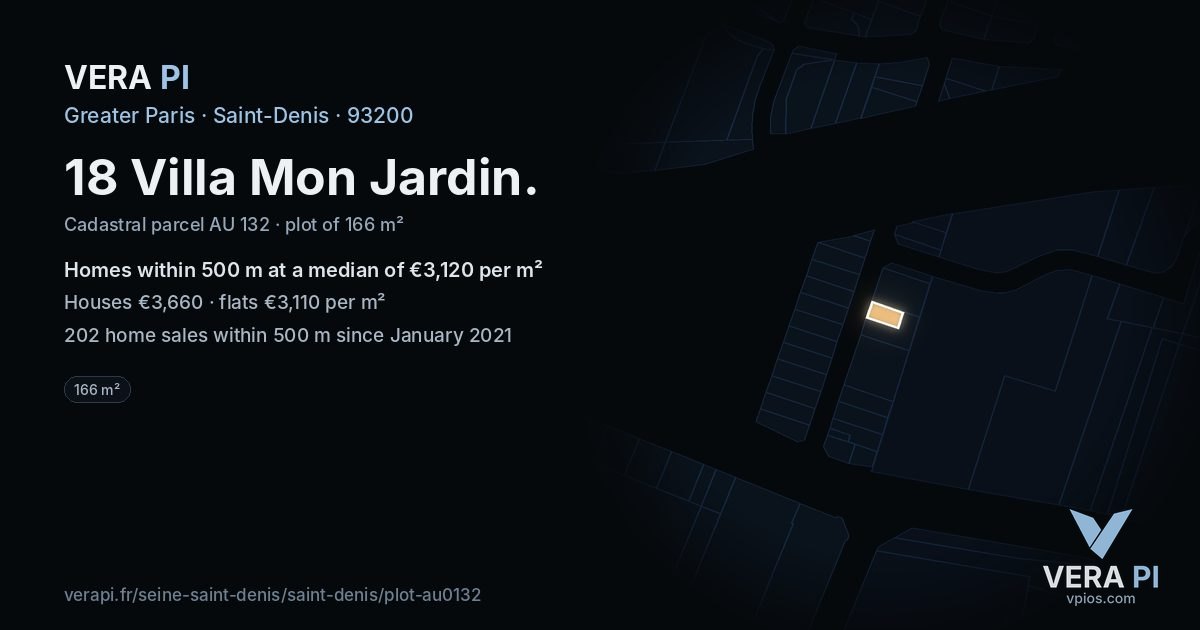 18 Villa Mon Jardin, Saint-Denis at night – the plot lit, the parcels around coloured by the prices near them