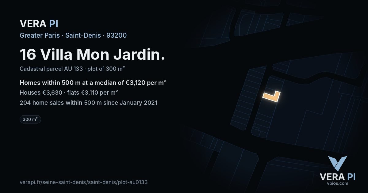 16 Villa Mon Jardin, Saint-Denis at night – the plot lit, the parcels around coloured by the prices near them