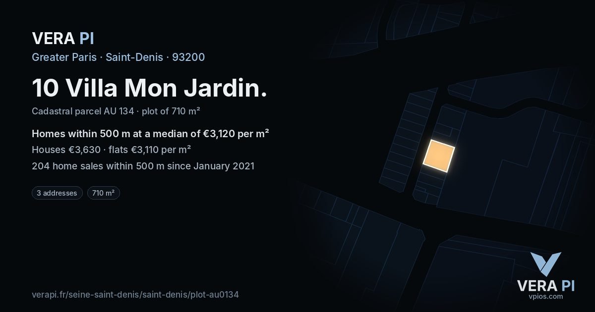 10 Villa Mon Jardin, Saint-Denis at night – the plot lit, the parcels around coloured by the prices near them