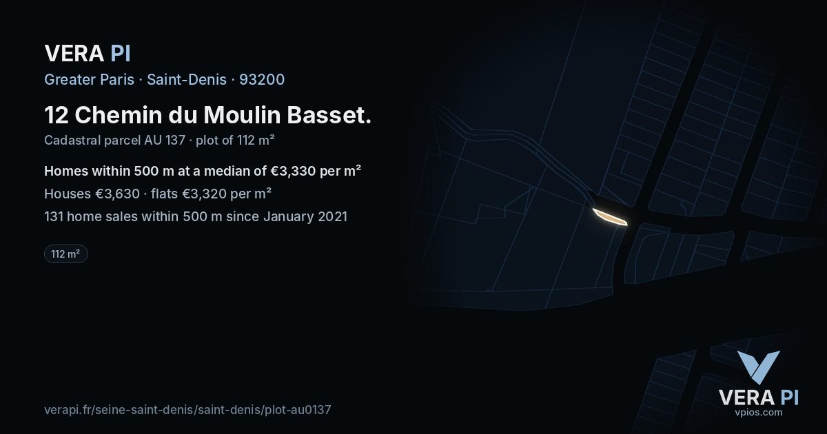 12 Chemin du Moulin Basset, Saint-Denis at night – the plot lit, the parcels around coloured by the prices near them