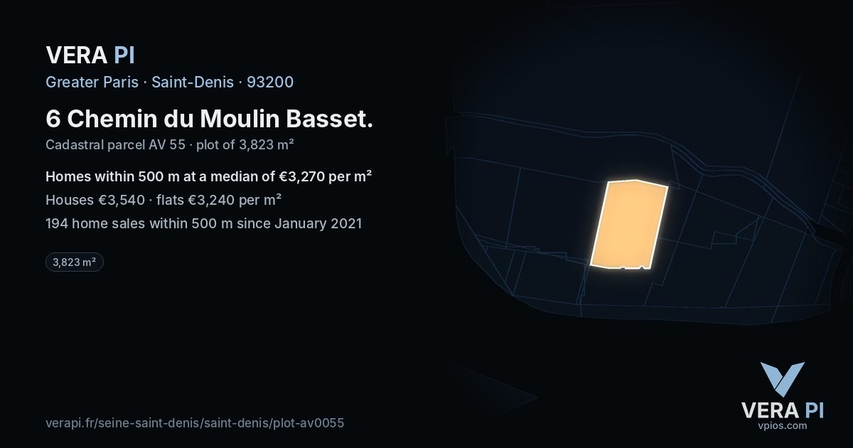 6 Chemin du Moulin Basset, Saint-Denis at night – the plot lit, the parcels around coloured by the prices near them
