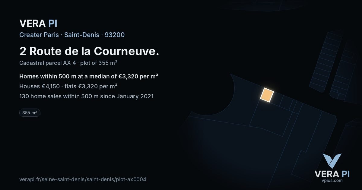 2 Route de la Courneuve, Saint-Denis at night – the plot lit, the parcels around coloured by the prices near them