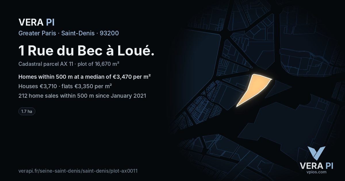 1 Rue du Bec à Loué, Saint-Denis at night – the plot lit, the parcels around coloured by the prices near them