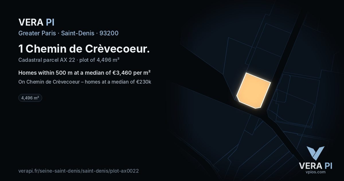 1 Chemin de Crèvecoeur, Saint-Denis at night – the plot lit, the parcels around coloured by the prices near them
