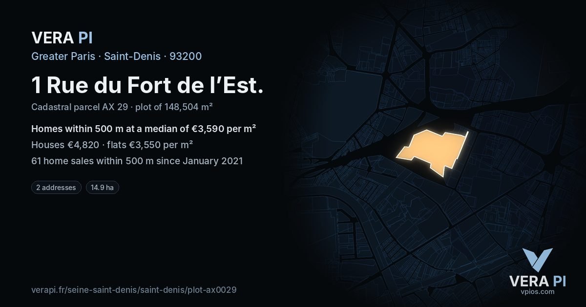 1 Rue du Fort de l’Est, Saint-Denis at night – the plot lit, the parcels around coloured by the prices near them