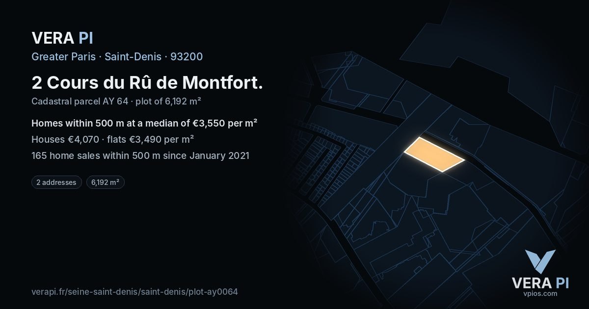 2 Cours du Rû de Montfort, Saint-Denis at night – the plot lit, the parcels around coloured by the prices near them