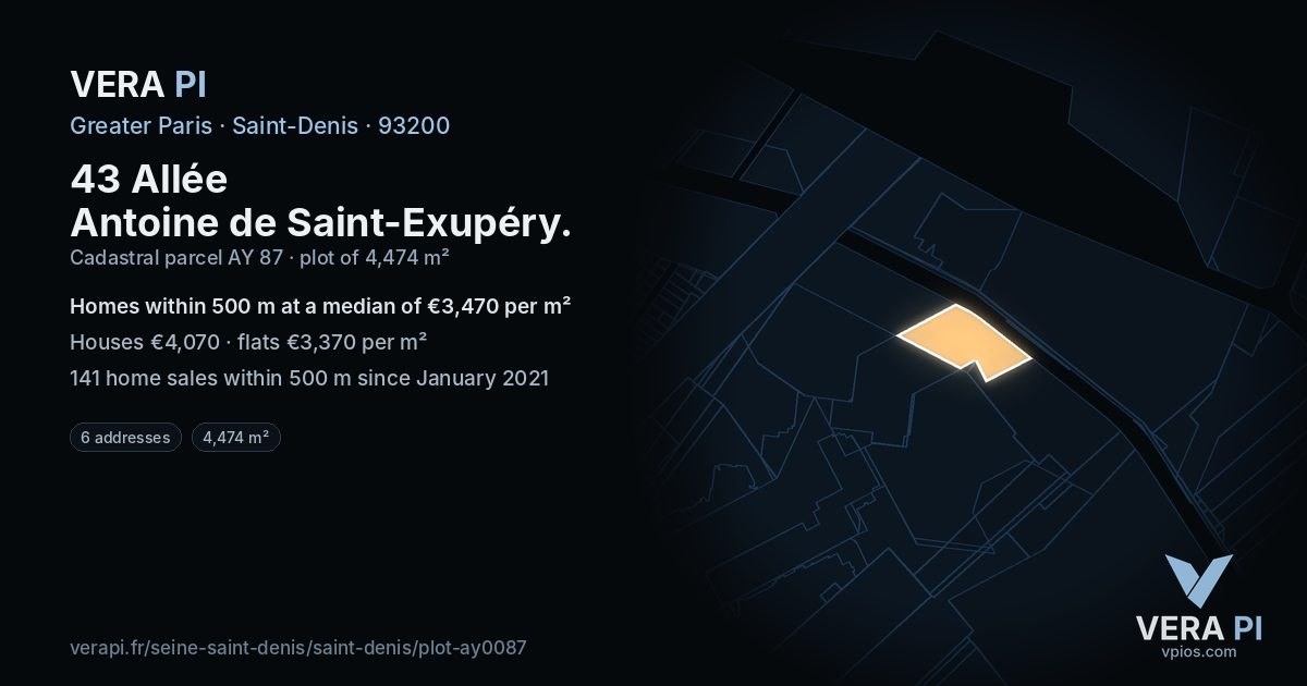 43 Allée Antoine de Saint-Exupéry, Saint-Denis at night – the plot lit, the parcels around coloured by the prices near them