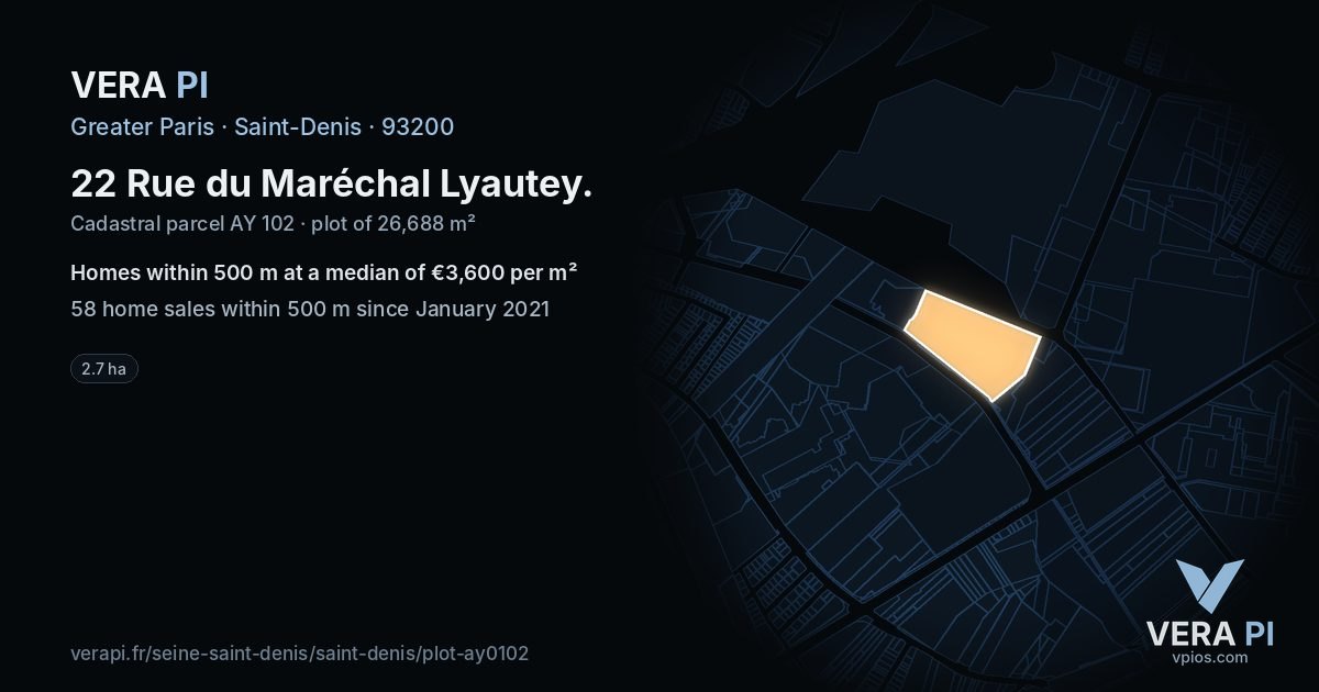 22 Rue du Maréchal Lyautey, Saint-Denis at night – the plot lit, the parcels around coloured by the prices near them