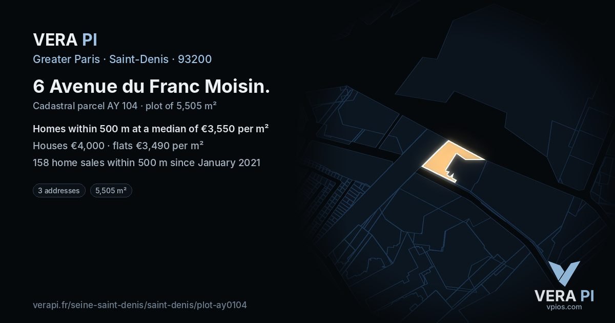 6 Avenue du Franc Moisin, Saint-Denis at night – the plot lit, the parcels around coloured by the prices near them