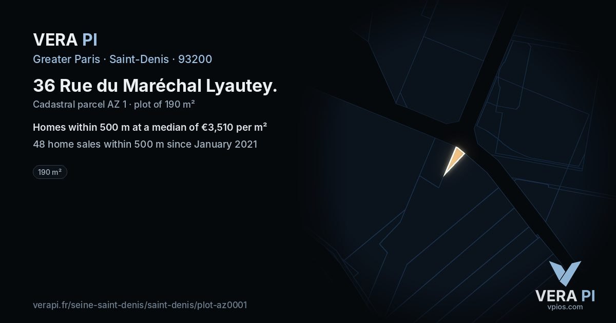 36 Rue du Maréchal Lyautey, Saint-Denis at night – the plot lit, the parcels around coloured by the prices near them