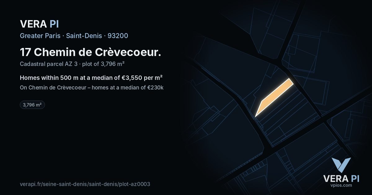 17 Chemin de Crèvecoeur, Saint-Denis at night – the plot lit, the parcels around coloured by the prices near them