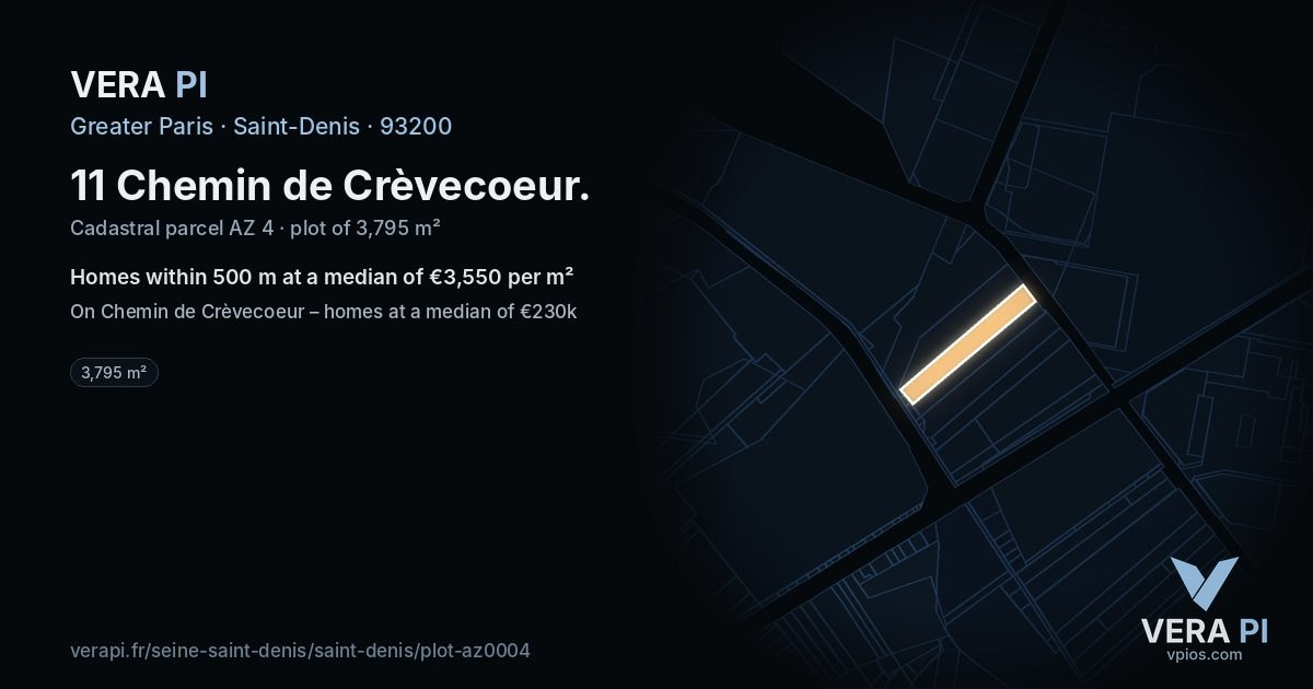 11 Chemin de Crèvecoeur, Saint-Denis at night – the plot lit, the parcels around coloured by the prices near them