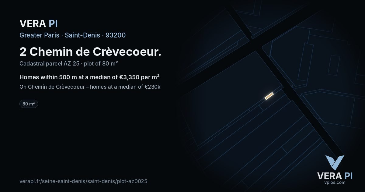 2 Chemin de Crèvecoeur, Saint-Denis at night – the plot lit, the parcels around coloured by the prices near them