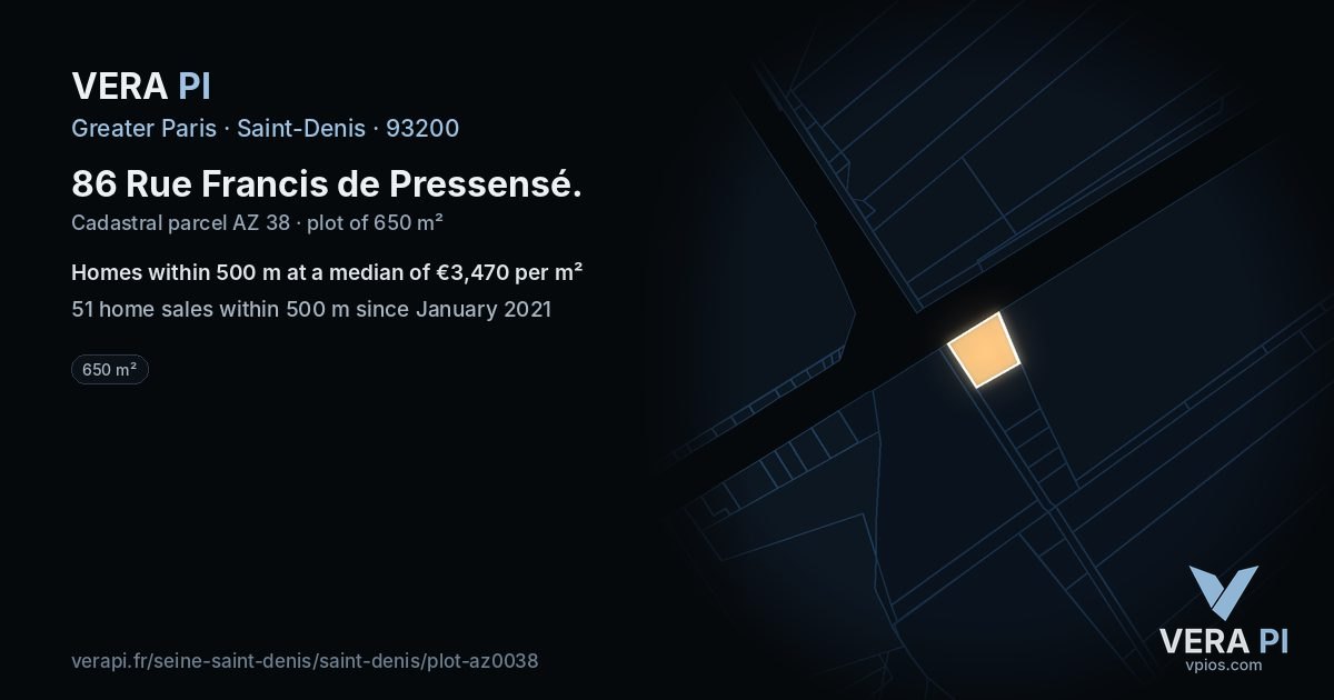 86 Rue Francis de Pressensé, Saint-Denis at night – the plot lit, the parcels around coloured by the prices near them