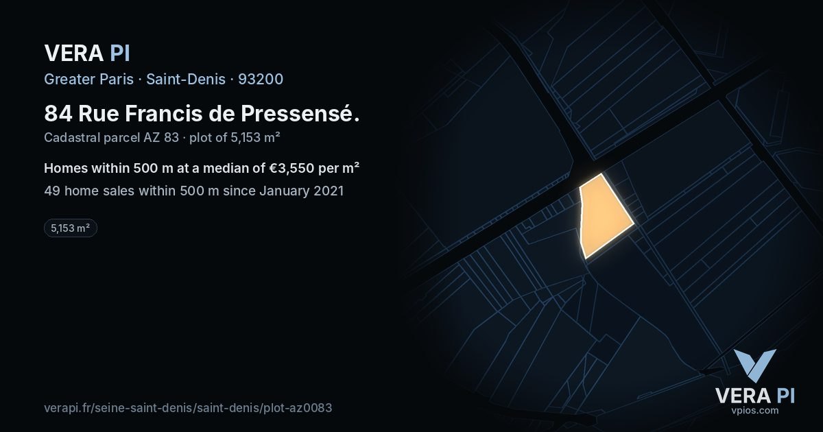 84 Rue Francis de Pressensé, Saint-Denis at night – the plot lit, the parcels around coloured by the prices near them