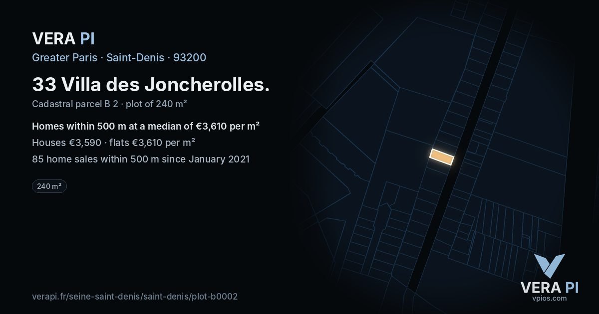 33 Villa des Joncherolles, Saint-Denis at night – the plot lit, the parcels around coloured by the prices near them