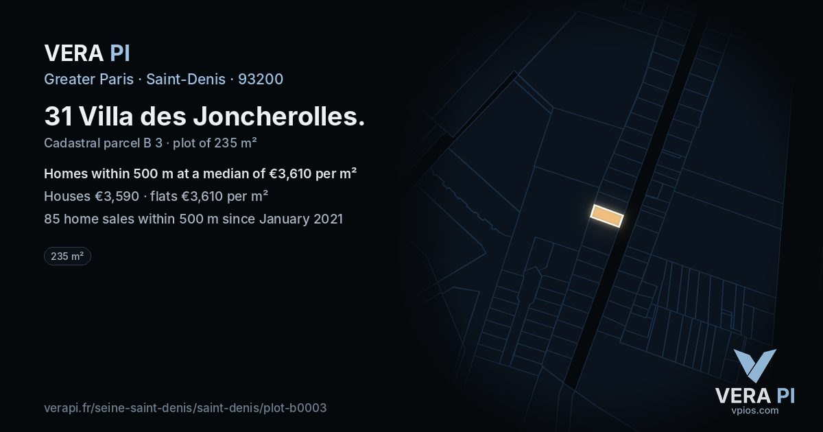 31 Villa des Joncherolles, Saint-Denis at night – the plot lit, the parcels around coloured by the prices near them
