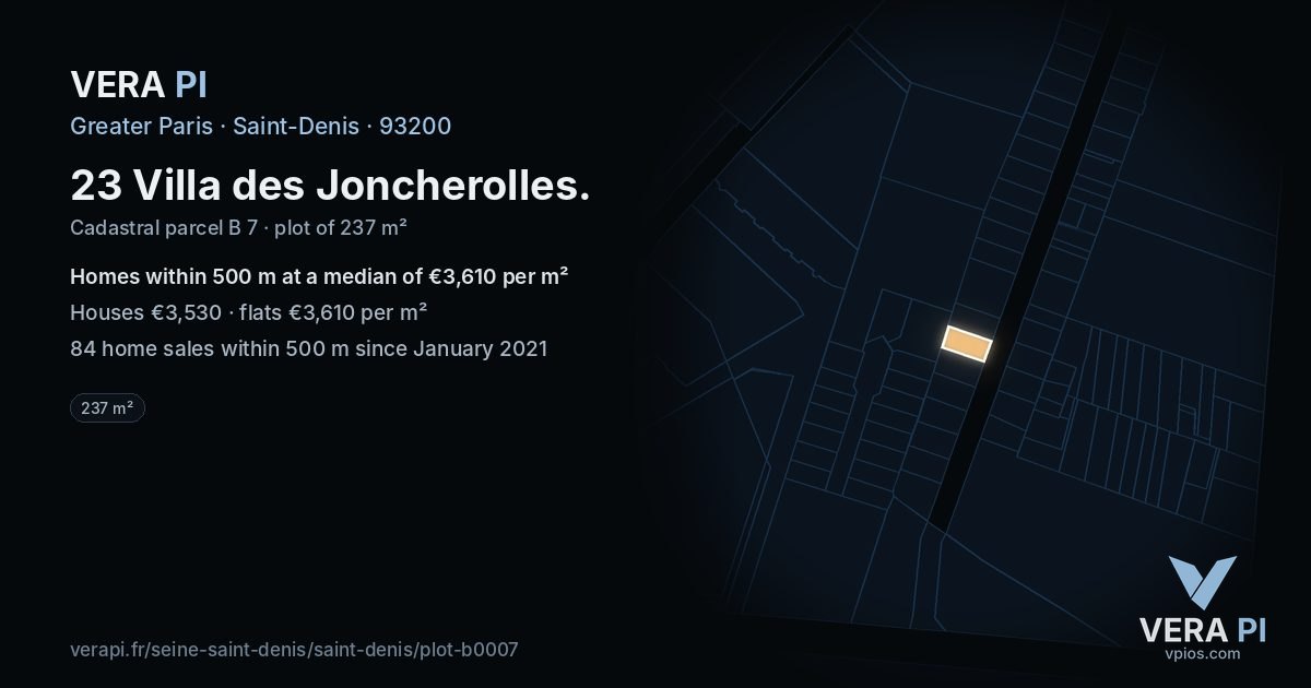 23 Villa des Joncherolles, Saint-Denis at night – the plot lit, the parcels around coloured by the prices near them