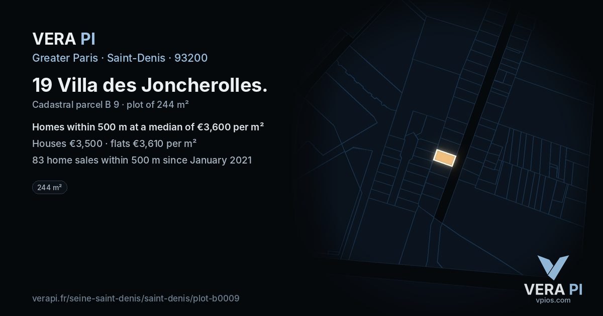 19 Villa des Joncherolles, Saint-Denis at night – the plot lit, the parcels around coloured by the prices near them