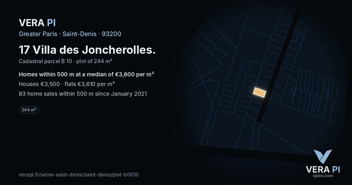 17 Villa des Joncherolles, Saint-Denis at night – the plot lit, the parcels around coloured by the prices near them