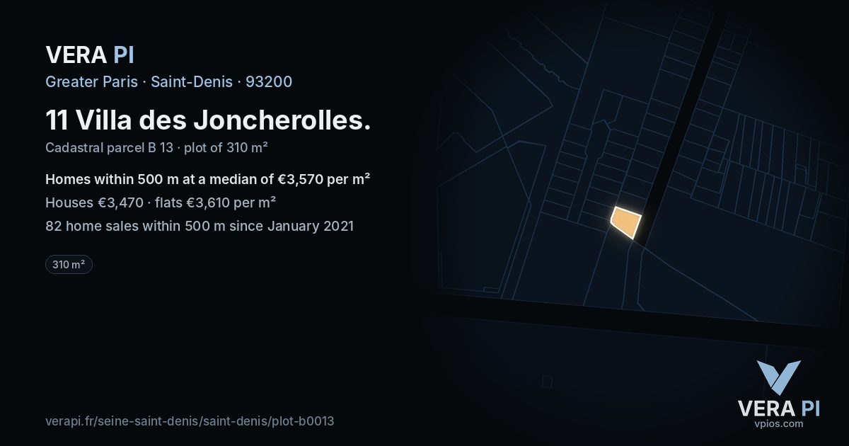11 Villa des Joncherolles, Saint-Denis at night – the plot lit, the parcels around coloured by the prices near them