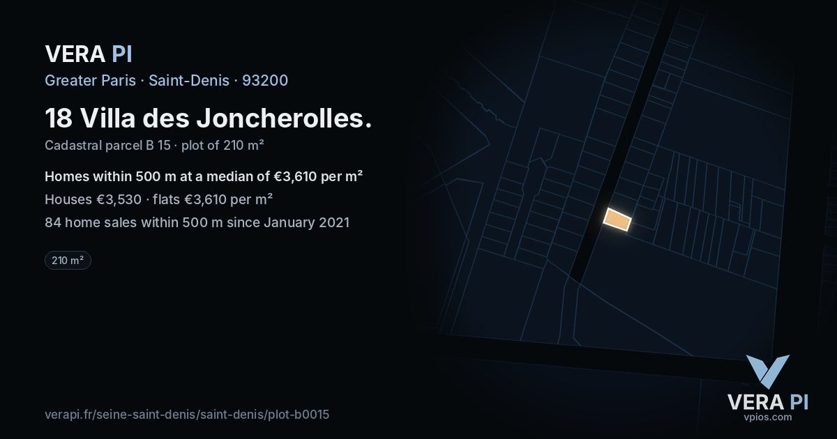 18 Villa des Joncherolles, Saint-Denis at night – the plot lit, the parcels around coloured by the prices near them