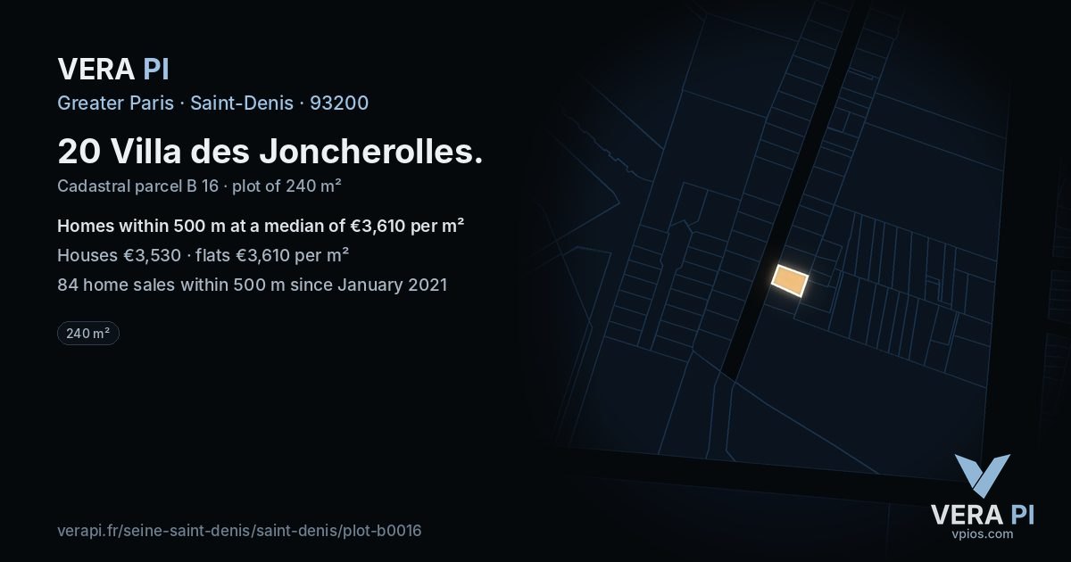20 Villa des Joncherolles, Saint-Denis at night – the plot lit, the parcels around coloured by the prices near them