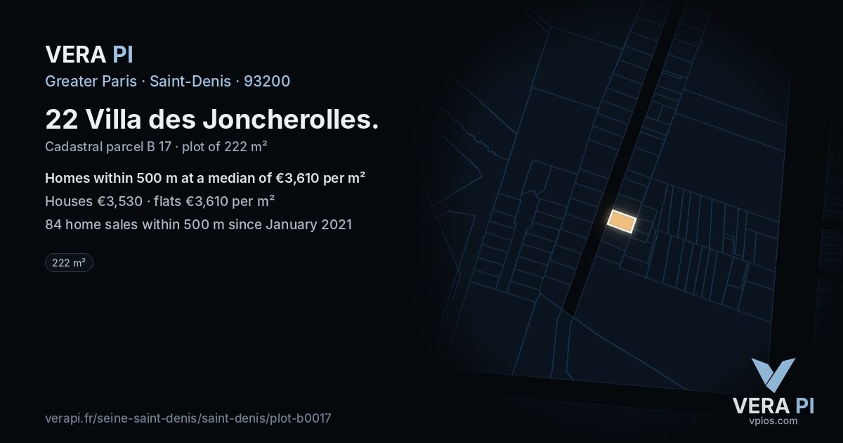 22 Villa des Joncherolles, Saint-Denis at night – the plot lit, the parcels around coloured by the prices near them