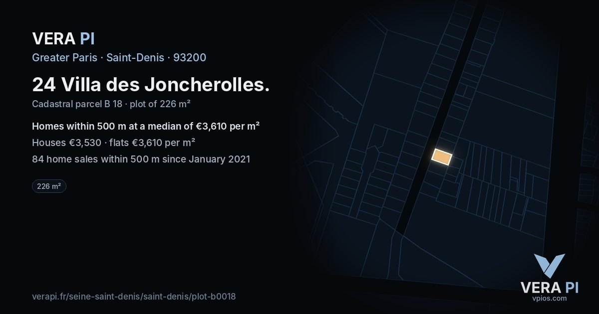 24 Villa des Joncherolles, Saint-Denis at night – the plot lit, the parcels around coloured by the prices near them