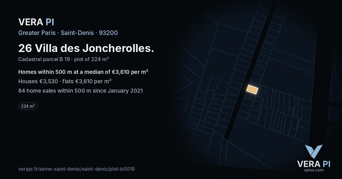 26 Villa des Joncherolles, Saint-Denis at night – the plot lit, the parcels around coloured by the prices near them