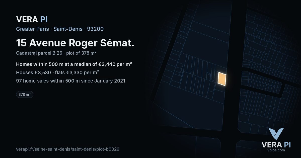 15 Avenue Roger Sémat, Saint-Denis at night – the plot lit, the parcels around coloured by the prices near them