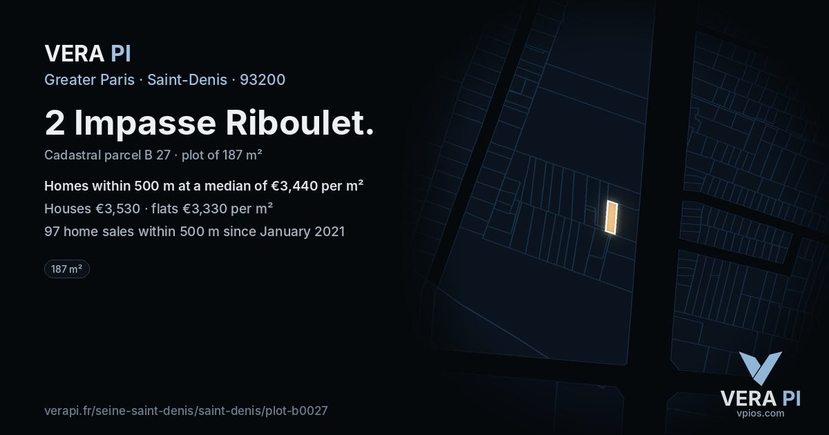 2 Impasse Riboulet, Saint-Denis at night – the plot lit, the parcels around coloured by the prices near them