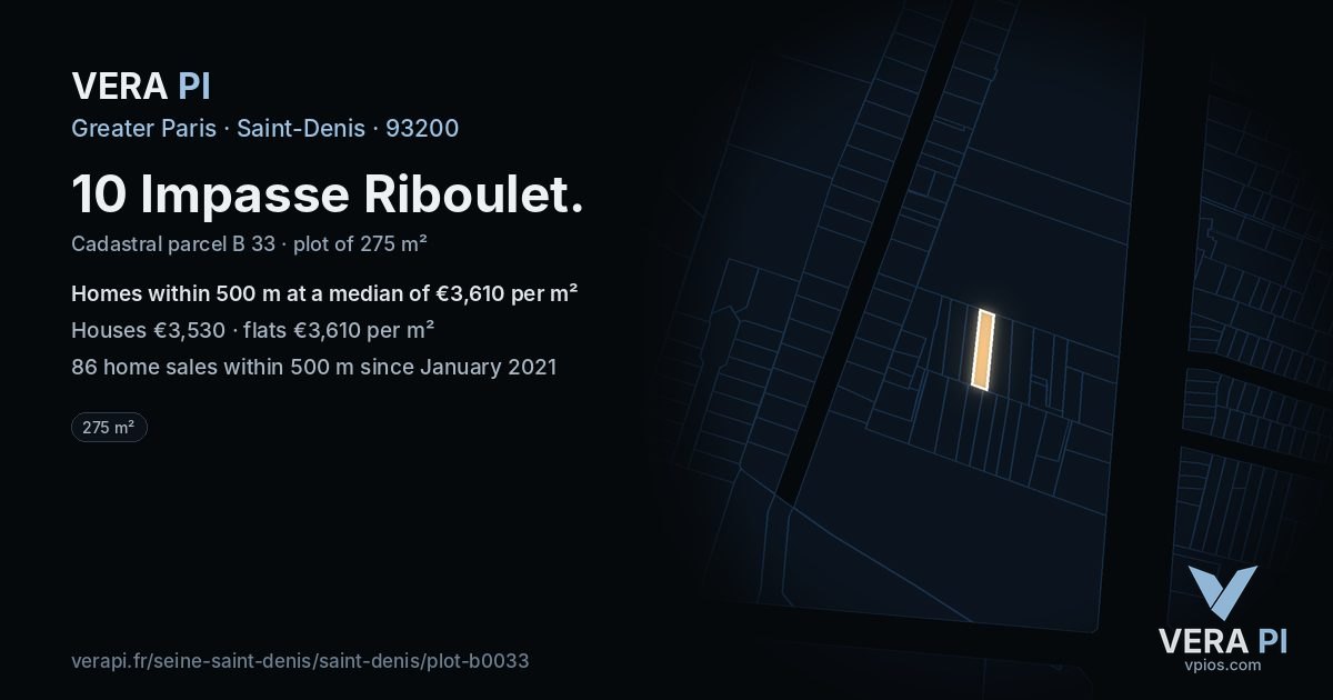 10 Impasse Riboulet, Saint-Denis at night – the plot lit, the parcels around coloured by the prices near them