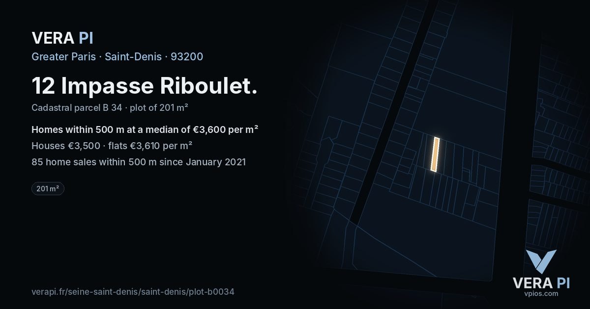 12 Impasse Riboulet, Saint-Denis at night – the plot lit, the parcels around coloured by the prices near them