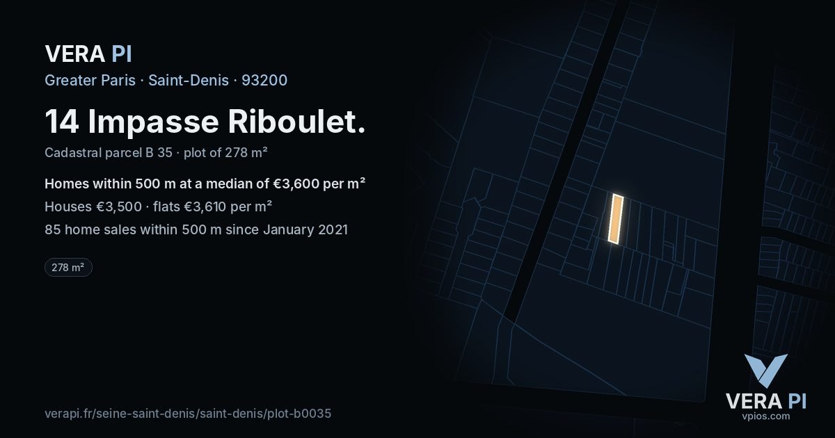 14 Impasse Riboulet, Saint-Denis at night – the plot lit, the parcels around coloured by the prices near them