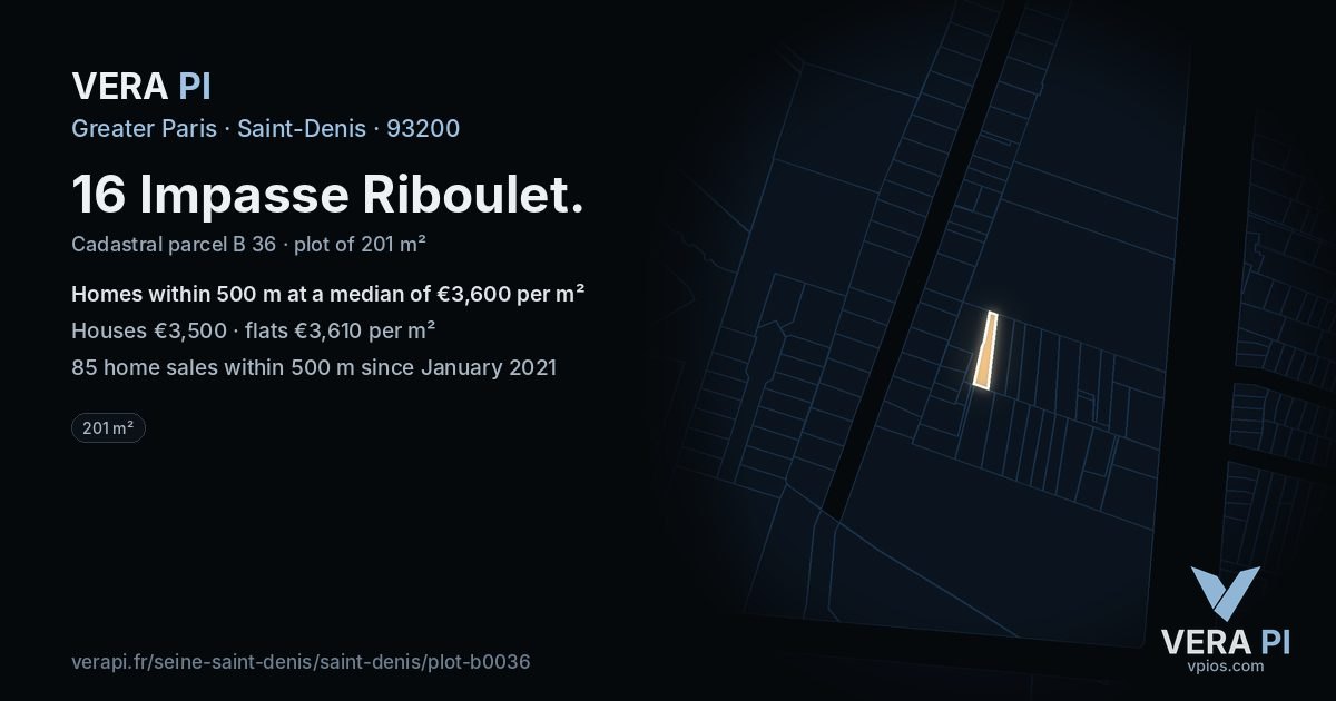 16 Impasse Riboulet, Saint-Denis at night – the plot lit, the parcels around coloured by the prices near them