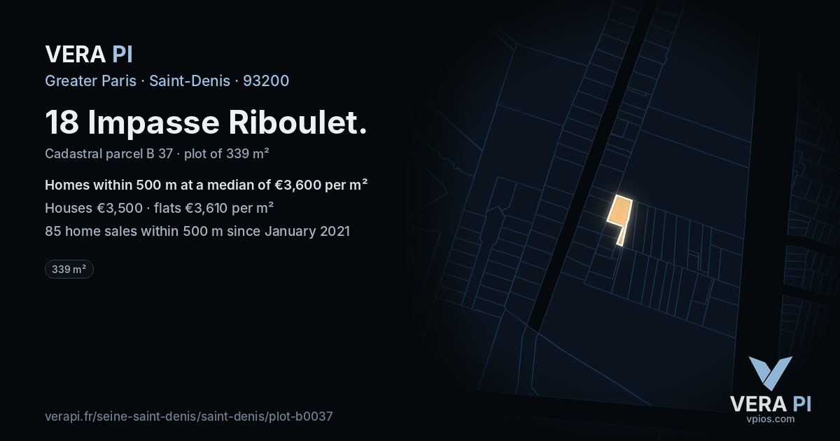 18 Impasse Riboulet, Saint-Denis at night – the plot lit, the parcels around coloured by the prices near them