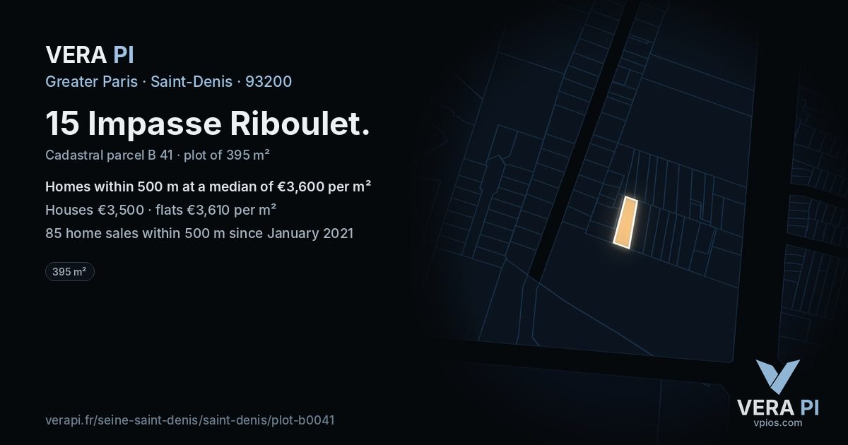 15 Impasse Riboulet, Saint-Denis at night – the plot lit, the parcels around coloured by the prices near them