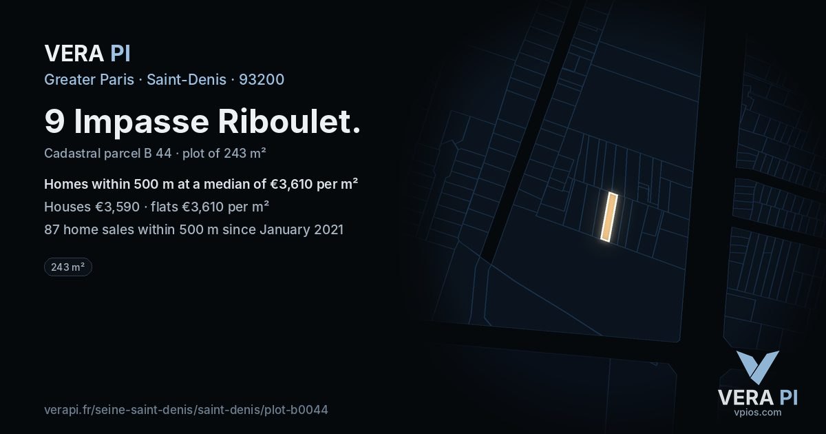 9 Impasse Riboulet, Saint-Denis at night – the plot lit, the parcels around coloured by the prices near them