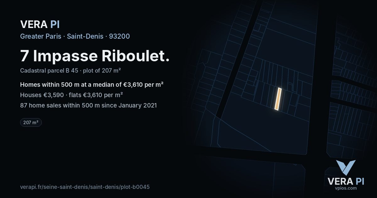7 Impasse Riboulet, Saint-Denis at night – the plot lit, the parcels around coloured by the prices near them