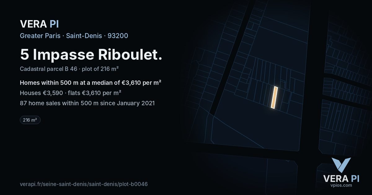 5 Impasse Riboulet, Saint-Denis at night – the plot lit, the parcels around coloured by the prices near them