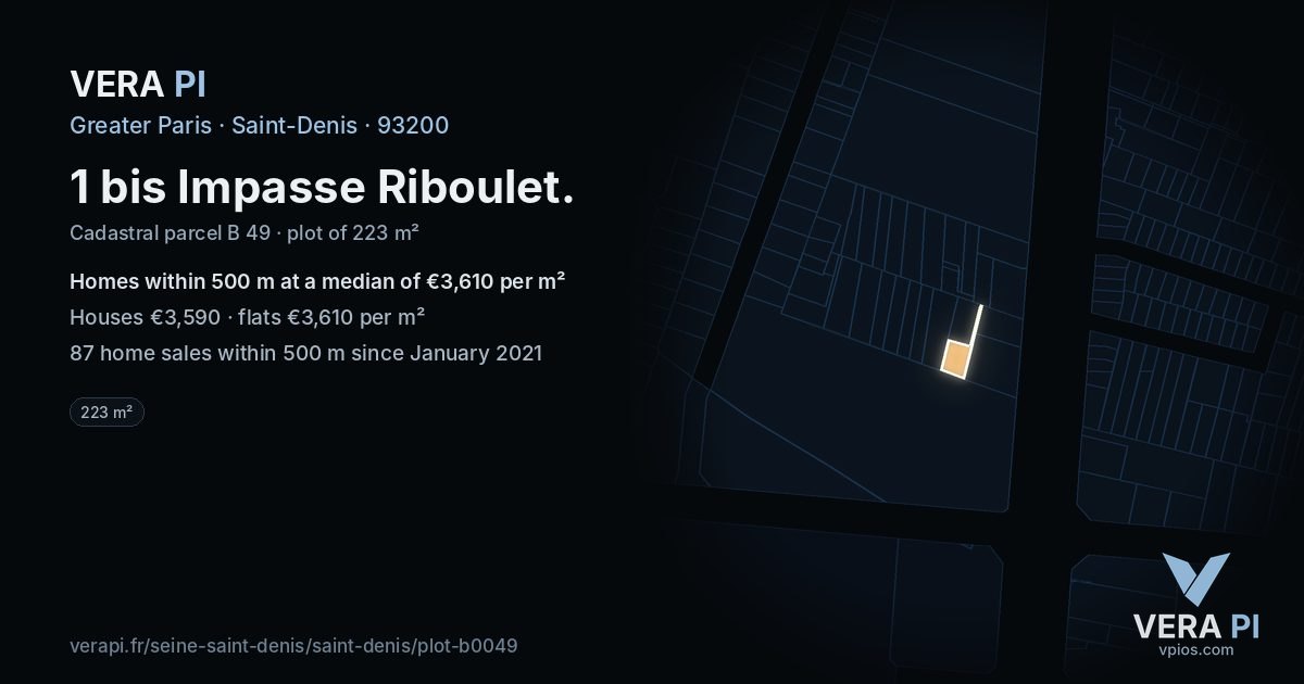1 bis Impasse Riboulet, Saint-Denis at night – the plot lit, the parcels around coloured by the prices near them